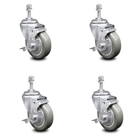 Service Caster 4 Inch Gray Polyurethane Swivel 10mm Threaded Stem Caster Set with Brake SCC SCC-TS20S414-PPUB-TLB-M1015-4